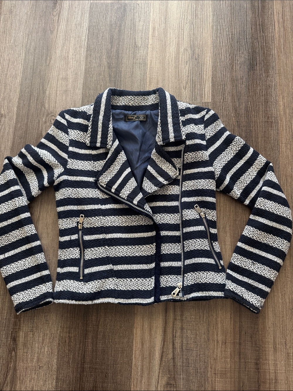 Striped Knit Moto Blazer - Navy & White